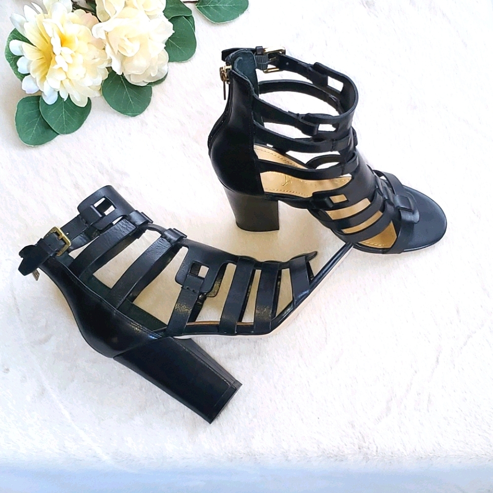 Ivanka Trump Black Leather Strappy Heeled Sandals (NWT) | Size 6M